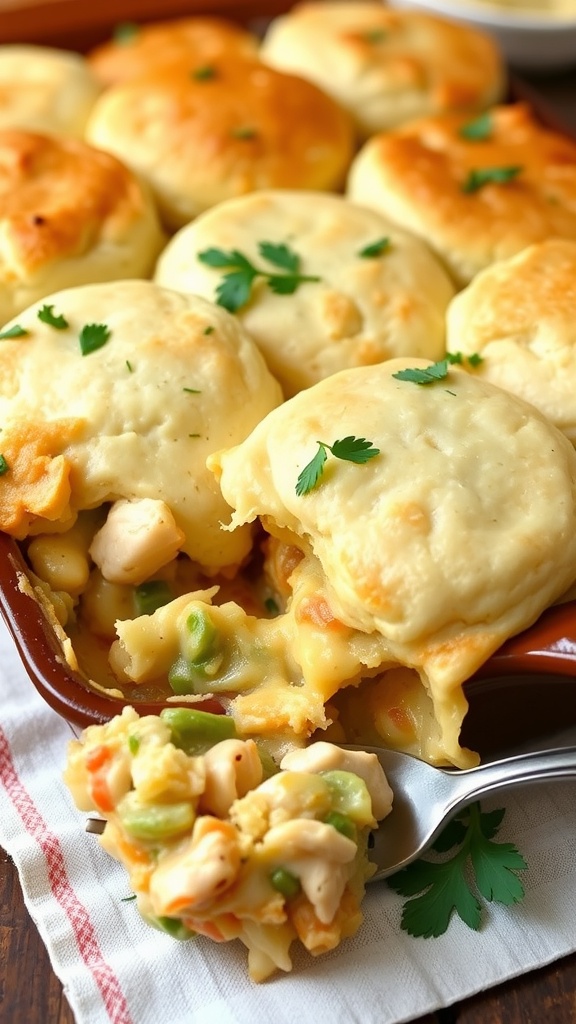 Golden biscuits on a creamy chicken pot pie casserole with vegetables, served in a rustic dish.